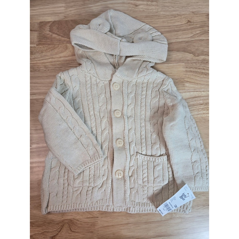 OshKosh B'gosh Baby Bear Ear Hooded Cable Knit Cardigan Sweater Cream 12M NWT